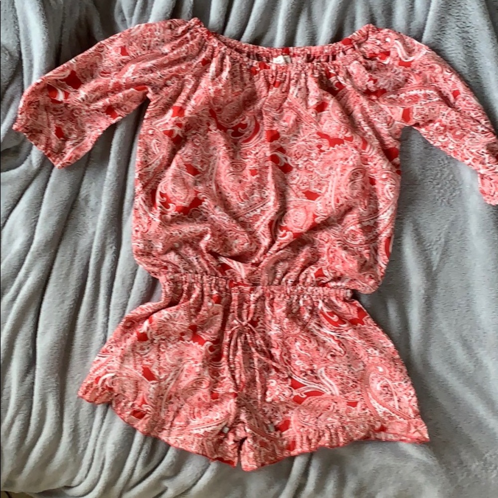 ELAN red romper, ruffle trim, lined bottom.